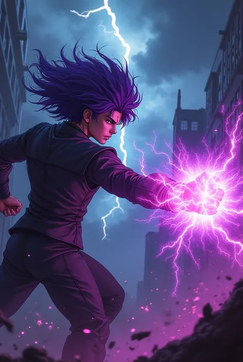 A purple-haired guy with fists that have purple flames in his hand punching a villain in the face 