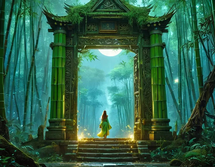 high details, best quality, 16k, [best detailed], masterpiece, best quality, (extremely detailed), a view from the rear (best details, Masterpiece, best quality), photorealistic, fantasy art, RPG art, a picture of a human sorceress sittings in bamboo fores...