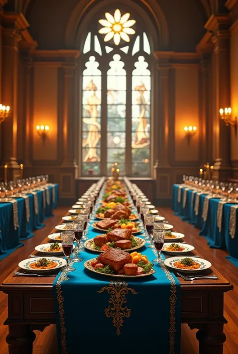 (photorealism:1.2), two dinner table, rectangular tables, long tables, royals, divine light, blue table cloth, food, wine, divine 