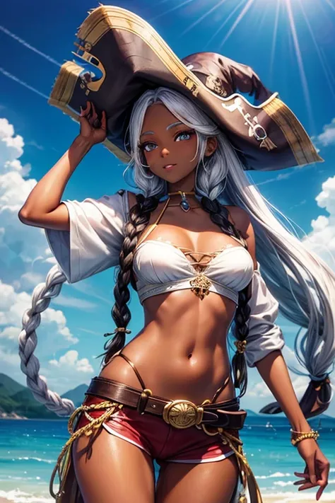 Beautiful girl, pirate outfit, long white hair with braids , dark skin tone 