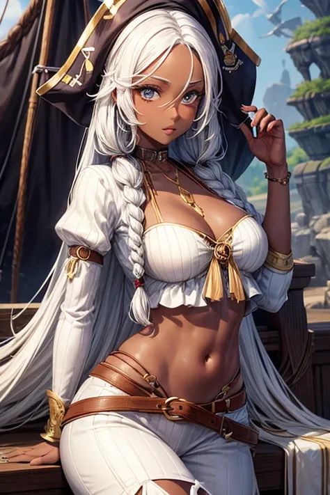 Beautiful girl, pirate outfit, long white hair with braids , dark skin tone 