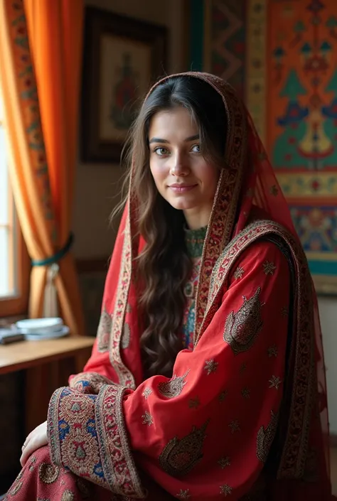 Baloch female with blue eyes and pink checks sitting at home  and having a veil on head 

