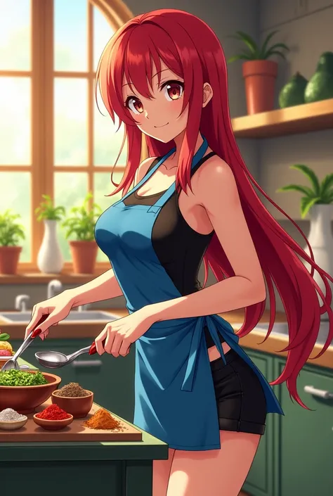 Rindou Kobayashi In Search of the Divine Recipe 4k photo in a blue apron with red long nails, long red hair and black shorts in anime style