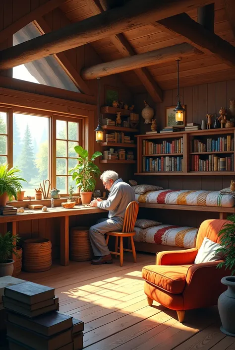 The interior of a cabin that has a workshop and a library, with bunk beds pushed up against the wall