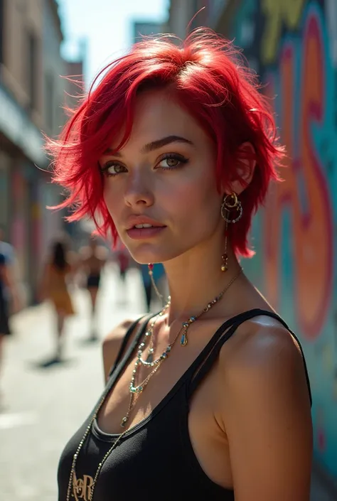 A brunette girl ,short red hair with piercings