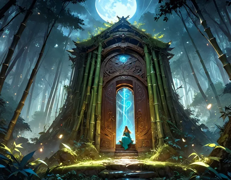 high details, best quality, 16k, [best detailed], masterpiece, best quality, (extremely detailed), photorealistic, fantasy art, RPG art, a picture of a human sorceress sittings in bamboo forest, opening a large (magical doorway: 1.2), with magical runes on...