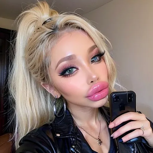 1 girl, simple background, Beautiful face, blonde hair, Cute, bimbolips, huge dimples on the lips, cheekbones, selfie, bang, high ponytail, blonde, Eyeliner, eyeshadow, in room, one hand selfie, necklace, earrings rings, head tilt, in a leather jacket