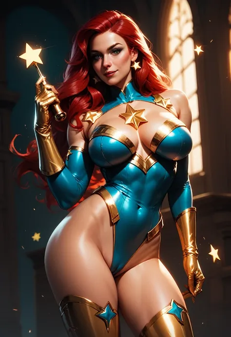 score_9, score_8_up, score_7_up, score_6_up, score_5_up, score_4_up, Sexy, Superheroine, Red hair, long hair, busty, ((blue highleg leotard with a t-back thong and a gold star insignia on chest)), gold boots, gold gloves, flirty
