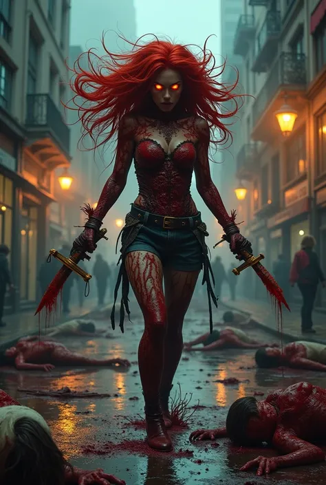 Psychopathic red haired killer woman with unbridled rage wearing a carnage symbiote and killing people.  Lots of blood, gore, and bodies.