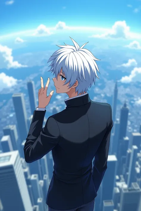 a title that is written : KIP , an anime male character with white hair is staring into the sky on top of a building, solo, gojo satoru, 1boy, male focus, blue eyes, white hair, high collar, short hair, hand up with index and middle finger crossed, jacket,...