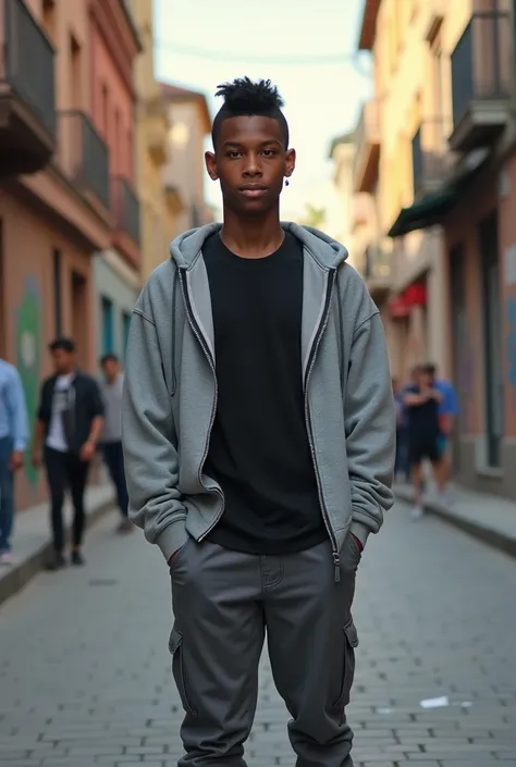 A 13 year old boy , height 1.70 m , brown skin  , Cristiano Ronaldo&#39;s hair from 2017 , and a little mewing on the jaw , black urban style t-shirt, and gray sweatshirt , Adidas sneakers 