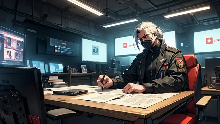 military general sitting in his office behind the desk, cyberpunk style
