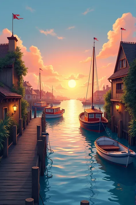 Illustration of a ship port, in a romantic setting but without people