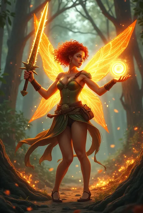 Fairy with destroying sword , with fireball power , light magic , redhead cure short curly hair with bag