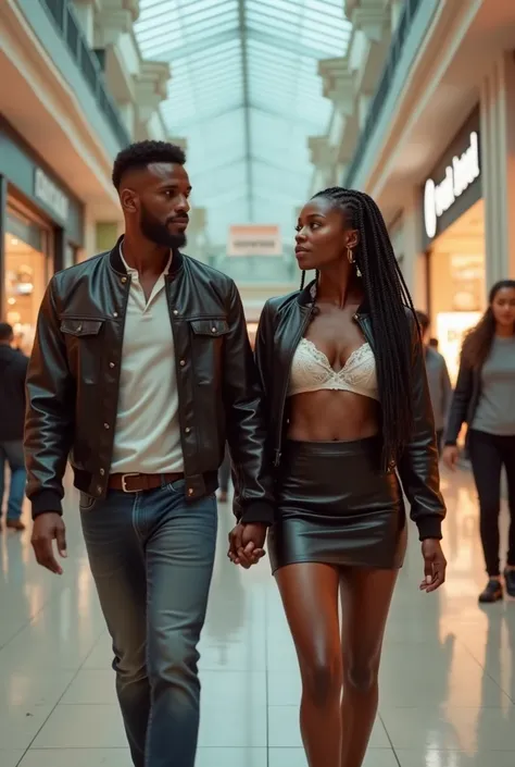 Magnificent detail, 8K Photos, hyper- realism, realistic background, visual depth, wide angle lens, professional light. {The scene shows a white man walking through a shopping center holding hands with his black girlfriend with braided hair., hottie with m...