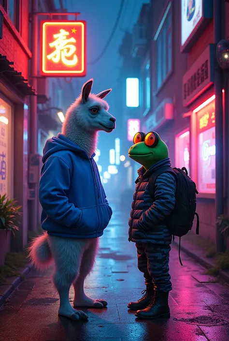 A Boody bilder Human being llama in a bright spot blue sweatshirt talking to Pepe the Frog in a black and white striped outfit in a dark cyberpunk night cul-de-sac with neon lighs . Hipper realistic