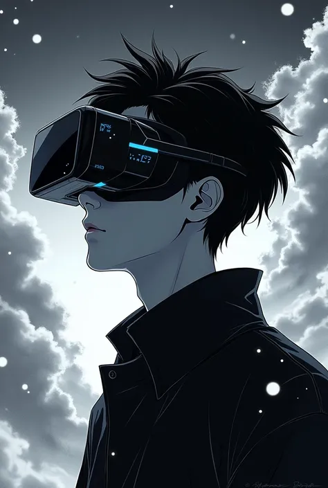 A guy with black hair in virtual glasses, black and white anime.
