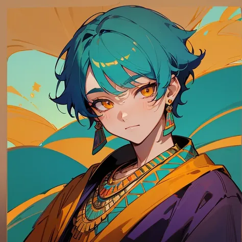 Solo, 1 boy, ((Turquoise hair)), orange eyes, short hair, Arabian style, handsome, 15 years old kid, orange eye liner, soft smile closing eyes, ((ancient Arabic purple clothes)), Arabian nights, ((Egyptian style)), jewelry, (((high quality))), masterpiece,...