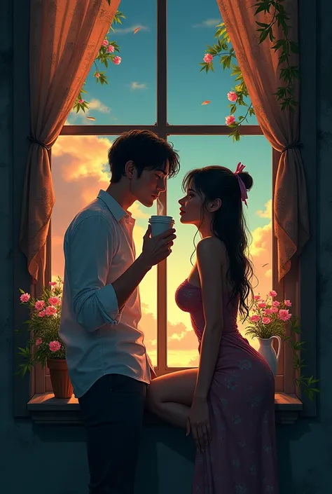 masterpiece,Best Quality,masterpiece,Best Quality,official art,Extremely detailed CG unity 8k wallpaper,Light retro color,rice print style,illustration,Beautiful,1 girl,flores,windowsill,flowerpot,Drink coffee,. "In a dark and bustling bar in the city cent...