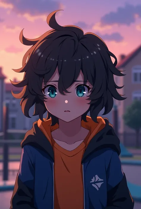 child, like 11 years old, dark brown wavy hair, medium long and has curls at the ends, turquoise eyes, He wears an orange shirt and a navy blue jacket with black sleeves., He also wears a hood that covers his face a little., the boy is sad, almost crying. ...