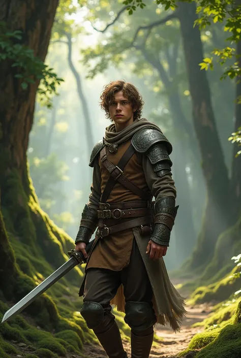 White man, adolescent, with brown and wavy hair, wearing leather armor
