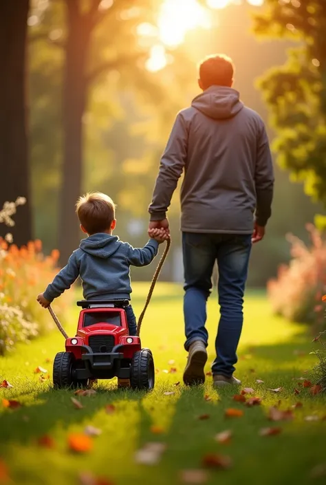 Image of father and son holding hands, the son pulling a truck with a rope, both of them back to back as if they were walking 