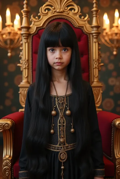 1 girl, long black hair, king, with black eyes, and fringe