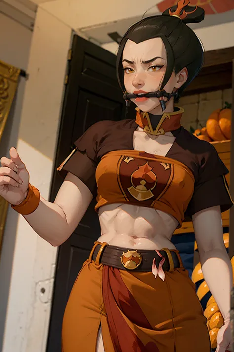 8k, ray tracing, vibrant colors, (1girl), (solo:1.4), (Azula:1.4), red clothes, black hair, short hair, topknot, (bitgag:1.9), full body, (brown orange eyes:1.4), slender body, masterpiece, sharp focus, Best Quality, depth of field, cinematic lighting, ver...