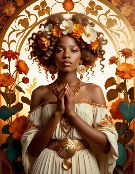 old (Masterpiece, Best Quality, Highres:1.2) Art Nouveau Style Beautiful African Woman with large Hair Shaped as Flowers and large necklaces in the Style of Alphonse Mucha, portrait of a beautiful cute, Gestures of Roman Art, Dreamy Looks, Full of Romantic...