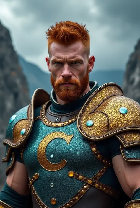 redhead man ,short hair ,short beard ,blue eyes ,muscular ,glare ,He has a small scar on his right eyebrow and is wearing armor made of precious stones. , On his right shoulder he has the letter c written . 