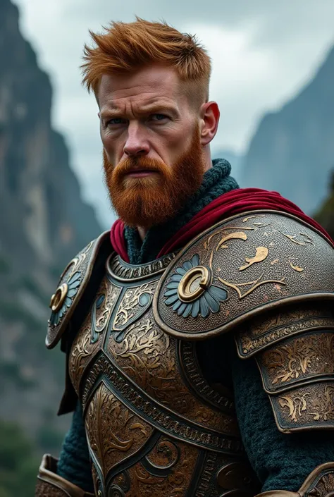 redhead man ,short hair ,short beard ,blue eyes ,muscular ,glare ,He has a small scar on his right eyebrow and is wearing armor made of precious stones. , On his right shoulder he has the letter c written . 