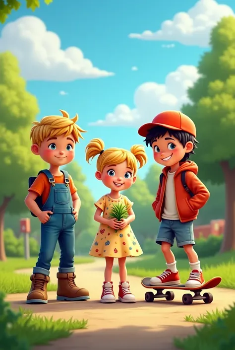 I want an image with 3 little friends (a little skateboarder boy on the right side , a little blonde girl in the middle,  an agroboy on the left right side 