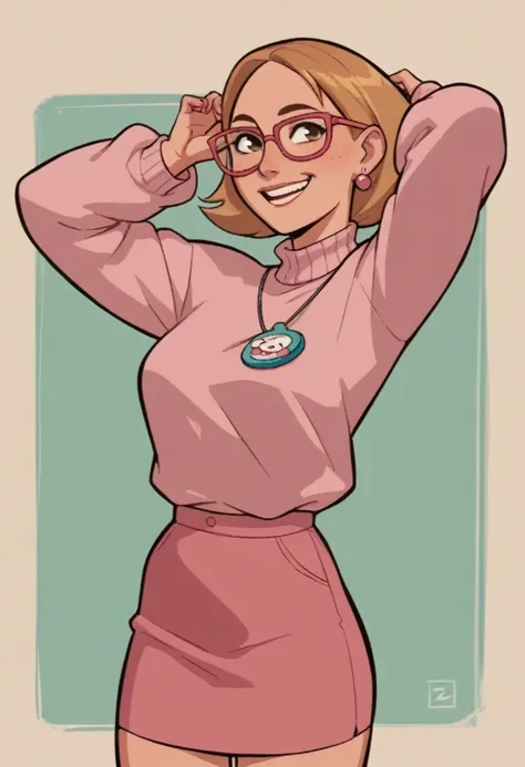 mrsstoppable, pink sweater, pink skirt, glasses, 1girl, solo, source_cartoon,