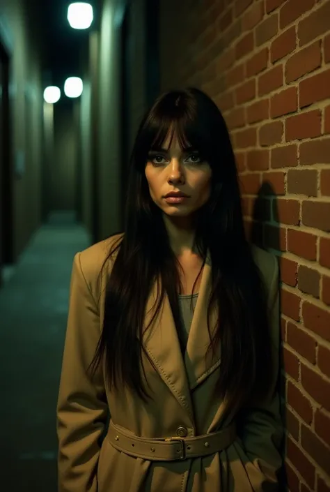 Woman with very long, straight black hair, with dark green eyes, skin tanned, look like Angelina Jolie, with bangs and wearing a beige overcoat, Youngh, in a dark dead end alley, cornered against the wall, with a worried look, facing the front