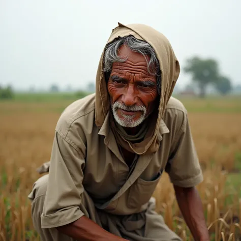 The poor farmer in a village is working in the field, the impression of fatigue on the face.