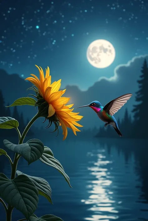 Hummingbird flying near a sunflower and a crystal clear lake in the background at night animated