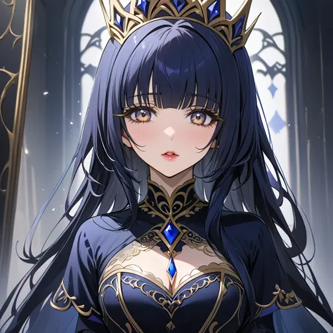 ((highest quality)), ((masterpiece)), (detailed), （perfect face）、the woman is reika aoki, an evil queen with midnight blue semi-...