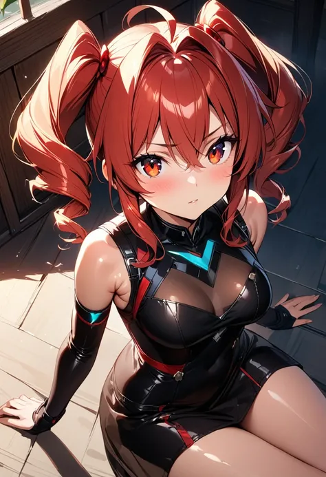 (masterpiece),(best quality),(ultra-detailed),(best illustration),(best shadow),(absurdres),(detailed background),(very aesthetic), 1girl, medium breasts, sitting, red-hair, ahoge, red-eyes,drill hair,red hair tie, twin drills,hair intakes, hair between ey...