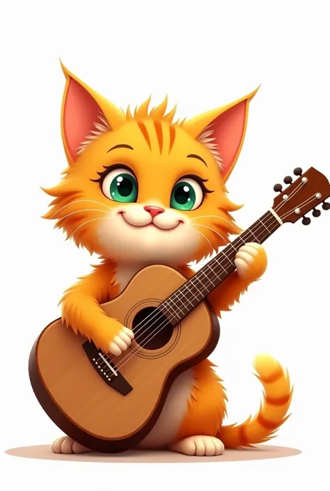 Orange cat playing guitar painted with acrylics on a white background