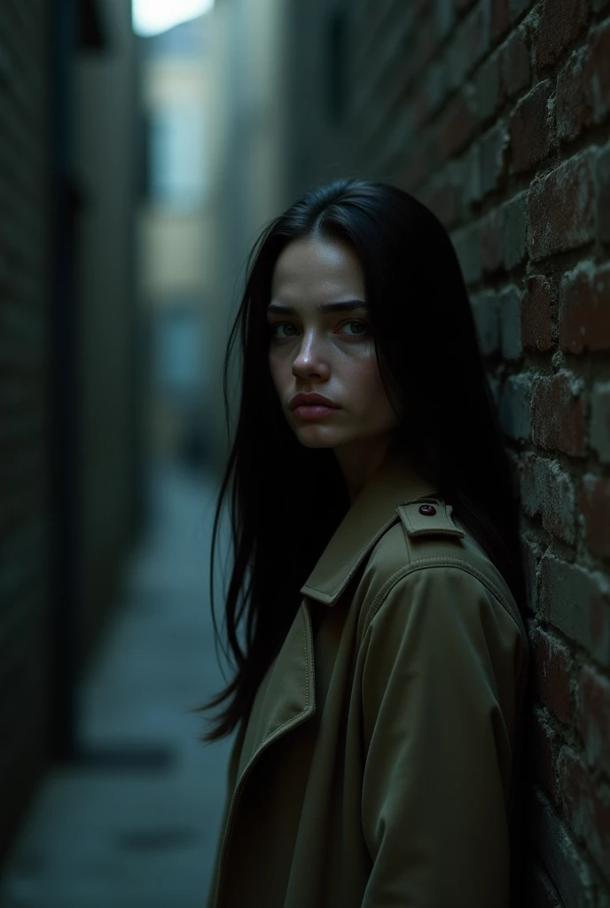 Woman with very long, straight black hair, with dark green eyes, skin tanned, look like Angelina Jolie, with bangs and wearing a closed beige overcoat, Youngh, in a dark dead end alley with no lighting at night, sobbing
