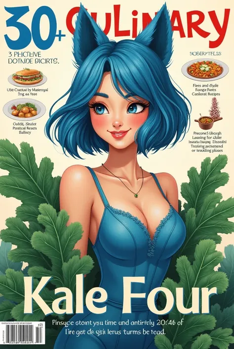 (best qualityer, work of art), Cover of a women&#39;s culinary magazine, , Kale, erotic, 18+, NSFW, 1 garota furry, 30 years old, splendid, cute, comforting smile, hourglass figure, text, diagrams, adverts, magazine title, short blue fur.