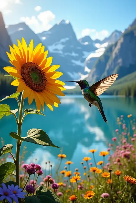 Hummingbird flying near a sunflower and a crystal clear lake with mountains in the background