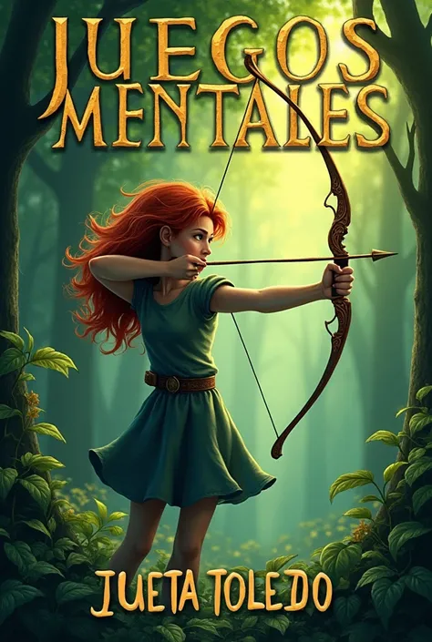 The cover of a book called "mind games" where the protagonist, a 16-year-old girl, uses a bow and arrow , the name of the book in Spanish and the author Julieta Toledo