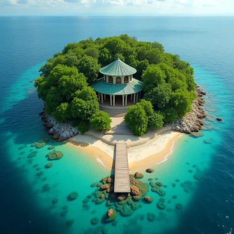 tropikal bigger island from sky 
in the middle sea
20 acres of land
edges beach 
trees 
2 storeys small house 
Ottoman architecture
green roof
dock
most biggest island 
