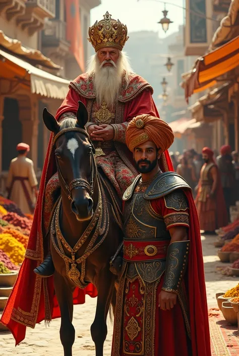 Creates image of a middle-aged Persian king with white beard riding a royal horse in royal robes in front of the horse a Persian general standing add in the background the market with spices and Persian carpet