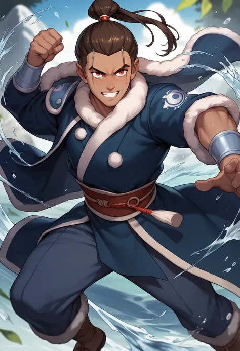 Kanae Yuta, a man from the Water Tribe, has red eyes, long brown hair, his dark skin, he has a toned and strong body, in front of a lush igloo, wearing a standard Water Tribe winter coat, showcasing his mastery of Waterbending, in a fighting stance.