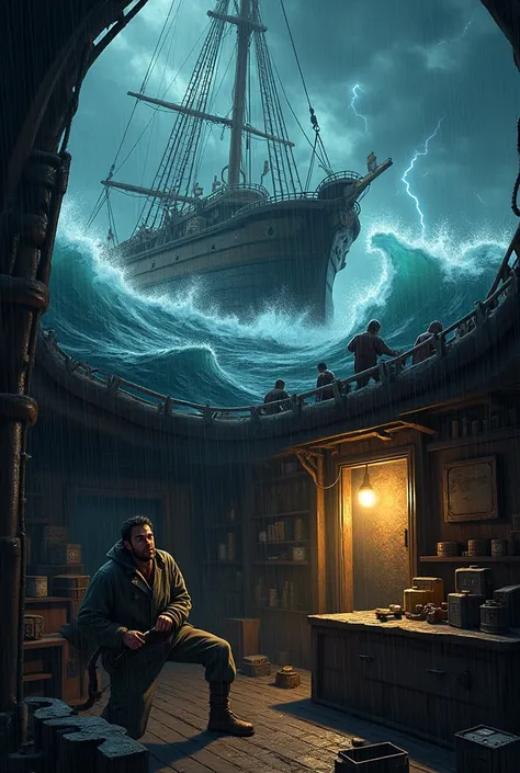 A realistic image in horizontal form, There is an old-looking crew in the middle of the sea going through a strong storm, while the crew with faces of anguish try to control the ship, inside the ship, In the basement there is a man dressed in a tunic, work...