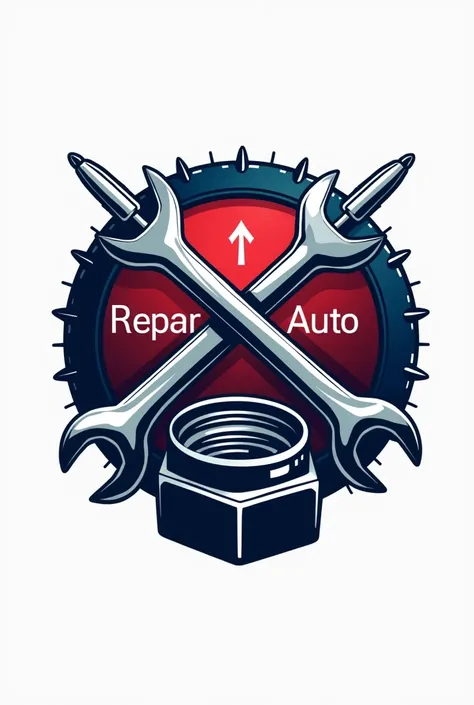 Haz un logo de un taller automotriz What tenga una tuerca con una corona arriba y 2 llaves allen en el centro, What.It is called ReparAuto with red repar and blue auto