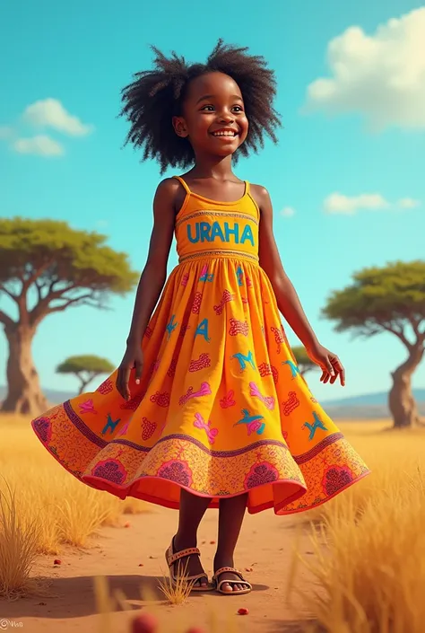 Make me a picture of an African girl, her dress is written with uraha and mischi, her dress is written with peaches all over the front