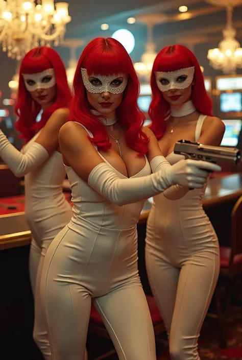 3 women wearing a red hair wig Lons and wearing white leather gloves and Lons with a mask and wearing a tight white leather outfit who hold up a casino and collect people&#39;s valuables with guns 